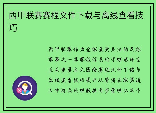 西甲联赛赛程文件下载与离线查看技巧