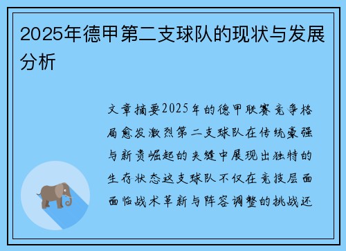 2025年德甲第二支球队的现状与发展分析