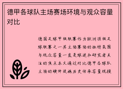 德甲各球队主场赛场环境与观众容量对比